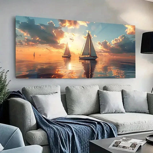 Serene Sunset Sailboats  Wall Art wall canvas office home room framed 120x60cm
