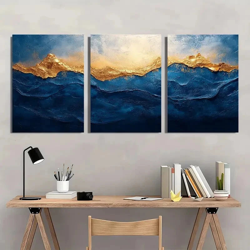 3pcs Blue and White Abstract Painting Golden Metal Print Ready to Hang Art
