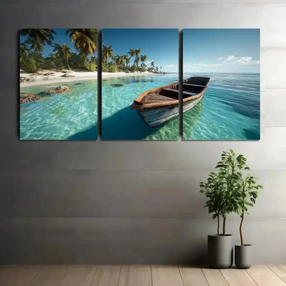 3pcs Serene Wooden Boat in Clear Blue Water Metal Print Ready to Hang Art