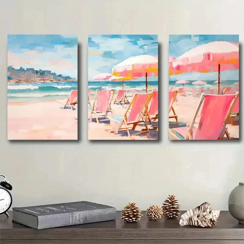 3pcs Umbrella Tents in Beach Decoration Wall Art Set Canvas Framed 40x60cm - High Quality Print 100% Australian Made Wall Canvas Ready to Hang