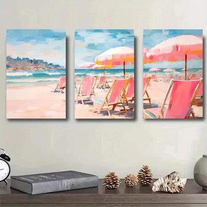 3pcs Umbrella Tents in Beach Decoration Wall Art Set Canvas Framed 40x60cm - High Quality Print 100% Australian Made Wall Canvas Ready to Hang