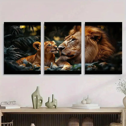 3pcs Lion Mother and Cub Jungle Scene Metal Print Ready to Hang Art