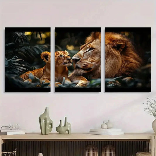 3pcs Lion Mother and Cub Jungle Scene Metal Print Ready to Hang Art