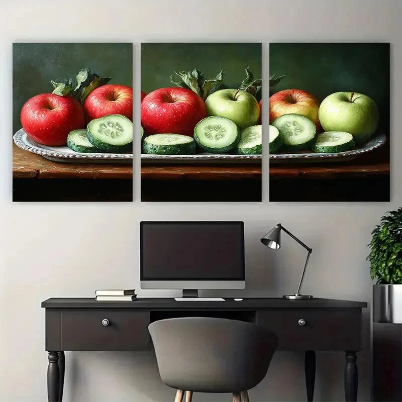 3pcs Food Still Life of Fresh Cucumbers and Apples Metal Print Ready to Hang Art