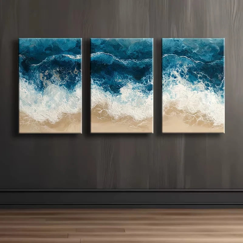 3pcs Beach Waves Illustration Wall Art Set Canvas Framed 60x90cm - High Quality Print 100% Australian Made Wall Canvas Ready to Hang