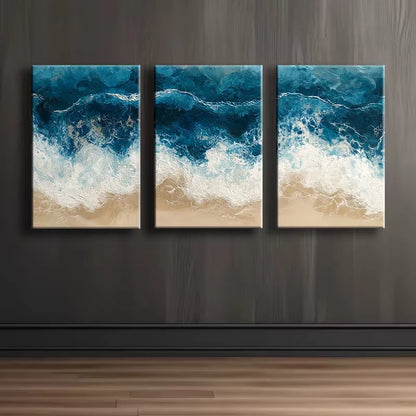 3pcs Beach Waves Illustration Wall Art Set Canvas Framed 60x90cm - High Quality Print 100% Australian Made Wall Canvas Ready to Hang