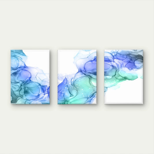 3pcs Blue and Green Alcohol Ink Modern Fluid Wall Art Set Canvas Framed 50x70cm - High Quality Print 100% Australian Made Wall Canvas Ready to Hang