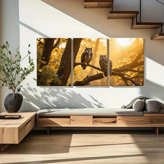 3pcs Owls on Tree Branches Golden Sunset Glow Metal Print Ready to Hang Art