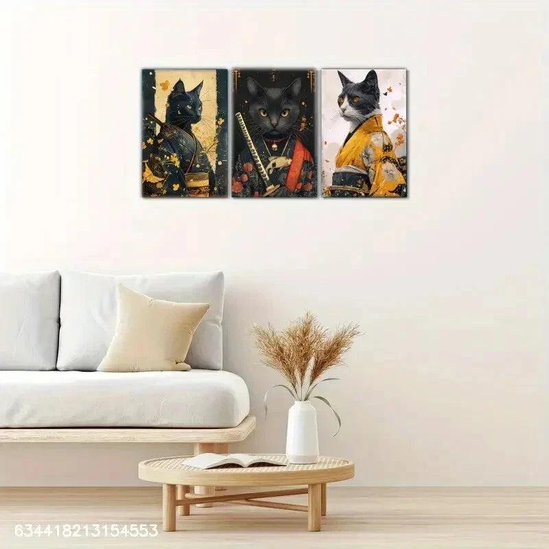 3pcs Samurai Cat Vibrant Japanese-Style Metal Print Ready to Hang Art