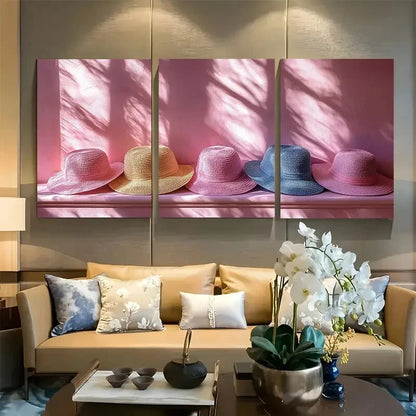 3pcs Soft Light Pink Hats Minimalist Design Metal Print Ready to Hang Art