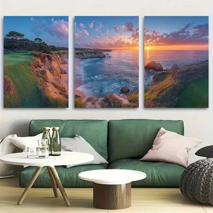 3pcs Dramatic Beach Sunset Rocky Cliffs Metal Print Ready to Hang Art