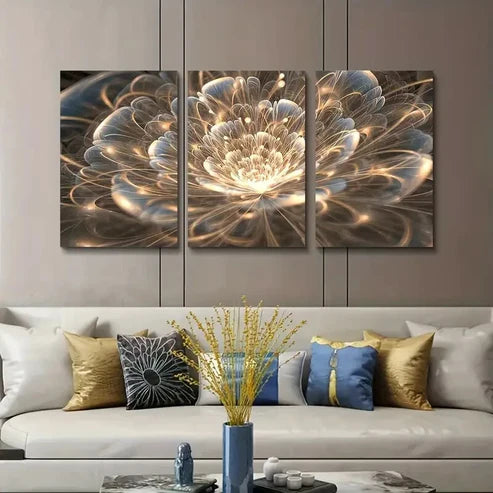 3pcs Golden Lotus Modern Art Deco Floral Wall Art Set Canvas Unframed - High Quality Print 100% Australian Made Wall Canvas