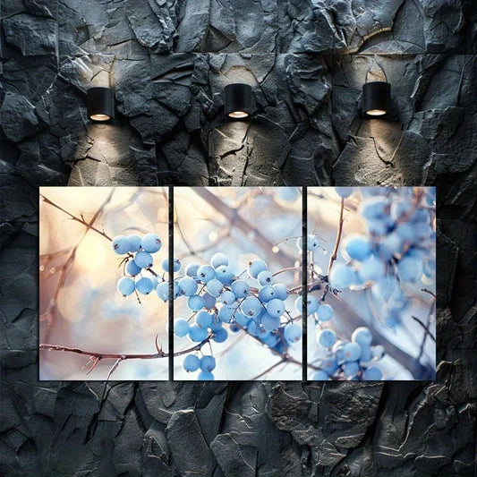 3pcs Blue Berries on Brambles Nature-Inspired Metal Print Ready to Hang Art