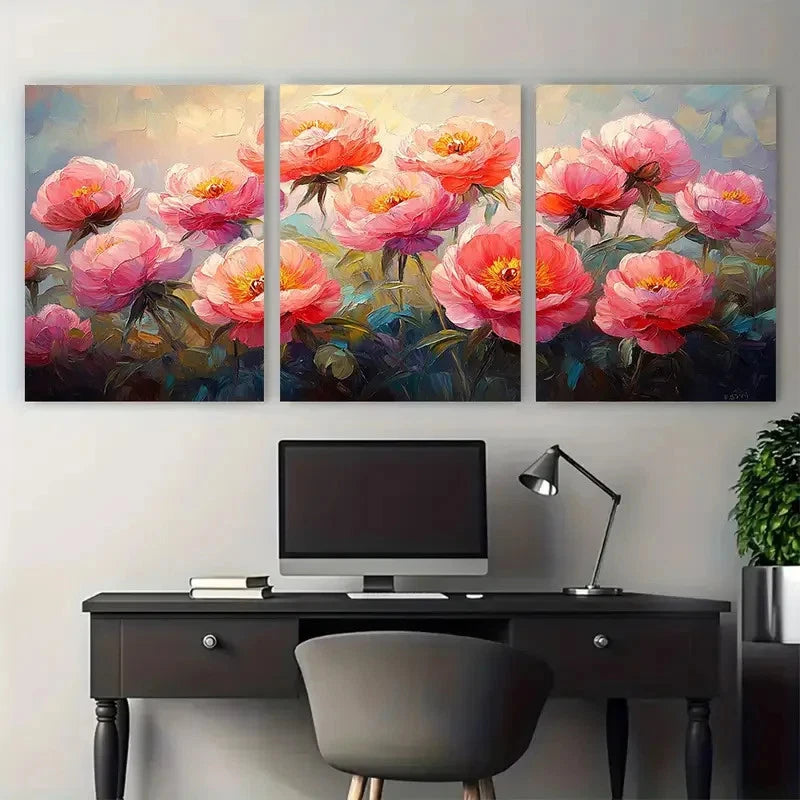 3pcs Pink Peonies Brushstroke Design Metal Print Ready to Hang Art