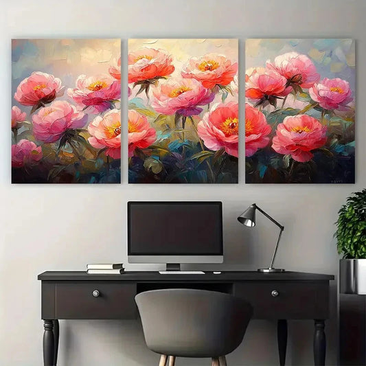 3pcs Pink Peonies Brushstroke Design Metal Print Ready to Hang Art