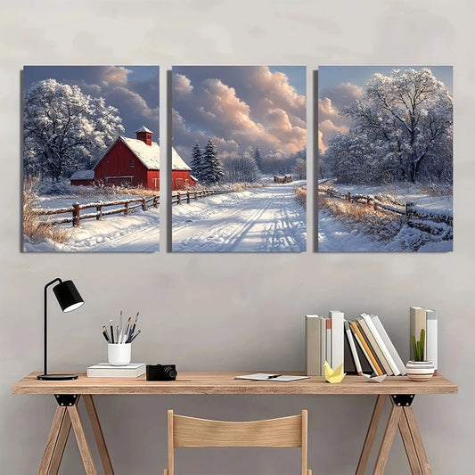 3pcs Winter Scene with Red Barn & Snowy Metal Print Ready to Hang Art