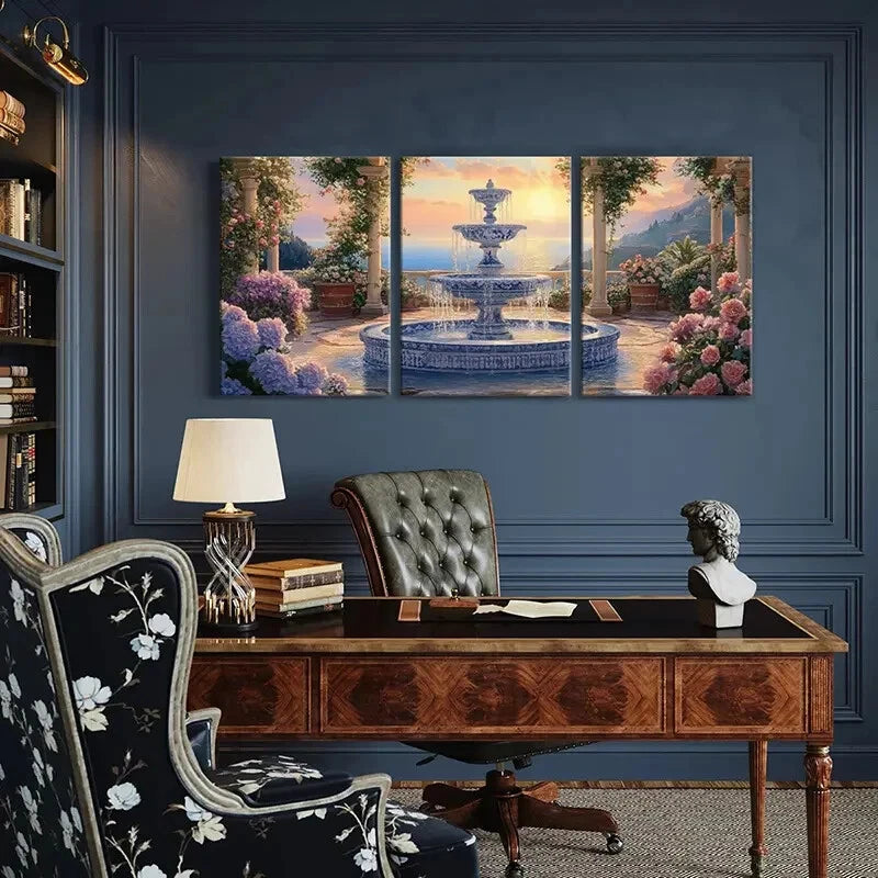 3pcs Sunset Fountain Garden Flowers Fancy Metal Print Ready to Hang Art