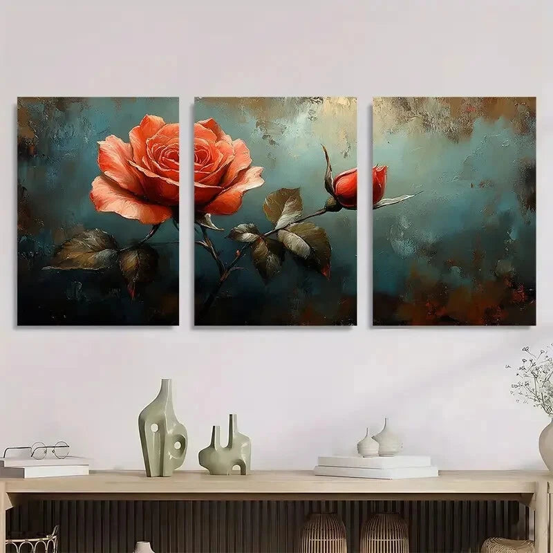 3pcs Vibrant Rose Elegant Floral Metal Print Ready to Hang Art