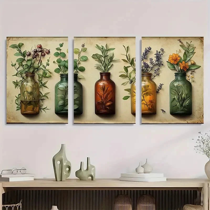 3pcs Druid Tin Retro Plant Delicate Natural Metal Print Ready to Hang Art