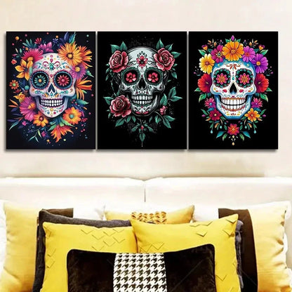 3pcs Modern Art Deco Floral Skull Prints Metal Print Ready to Hang Art
