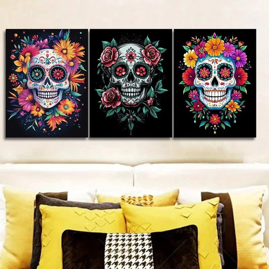 3pcs Modern Art Deco Floral Skull Prints Metal Print Ready to Hang Art