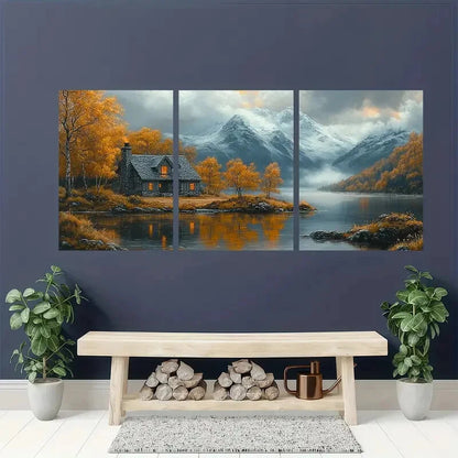 3pcs Serene Nature Landscape with Cozy Cottage Metal Print Ready to Hang Art