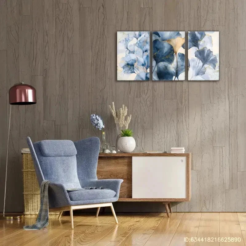 3pcs Modern Abstract Art Wall Decor Blue Leaf Metal Print Ready to Hang Art