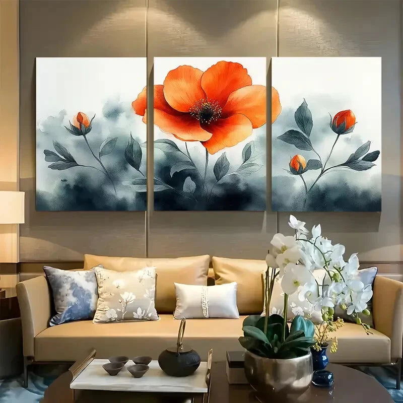 3pcs Blooming Watercolor Orange Flower Metal Print Ready to Hang Art