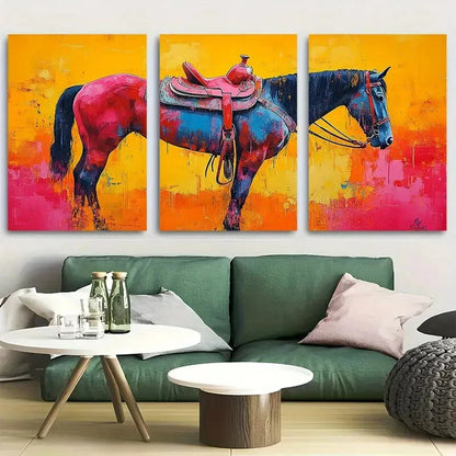 3pcs Cowboy Saddle with Bright Colors Design Metal Print Ready to Hang Art