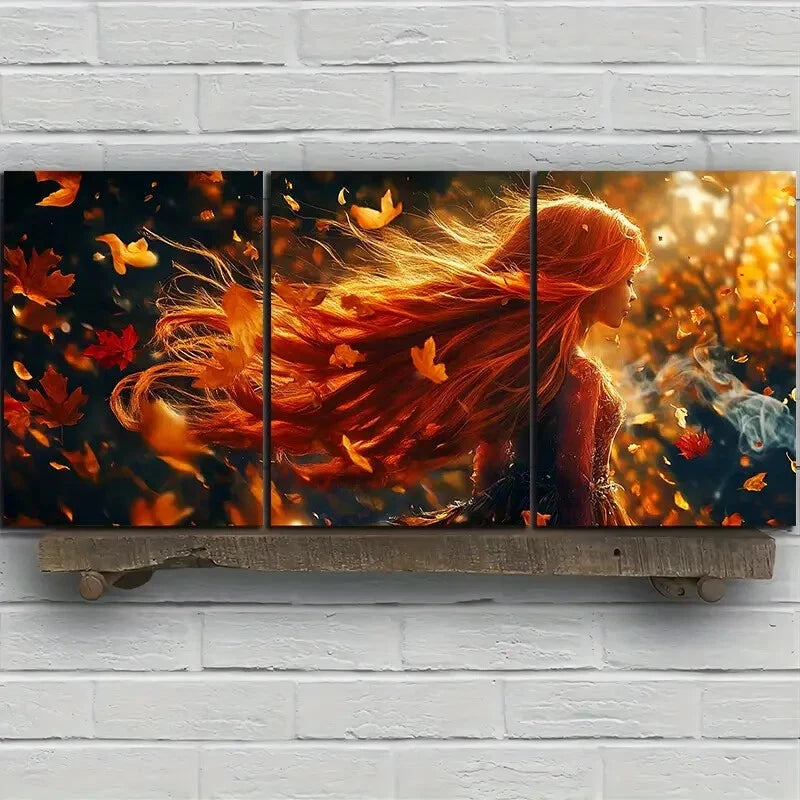 3pcs Woman Dancing in The Wind Golden Themed Metal Print Ready to Hang Art