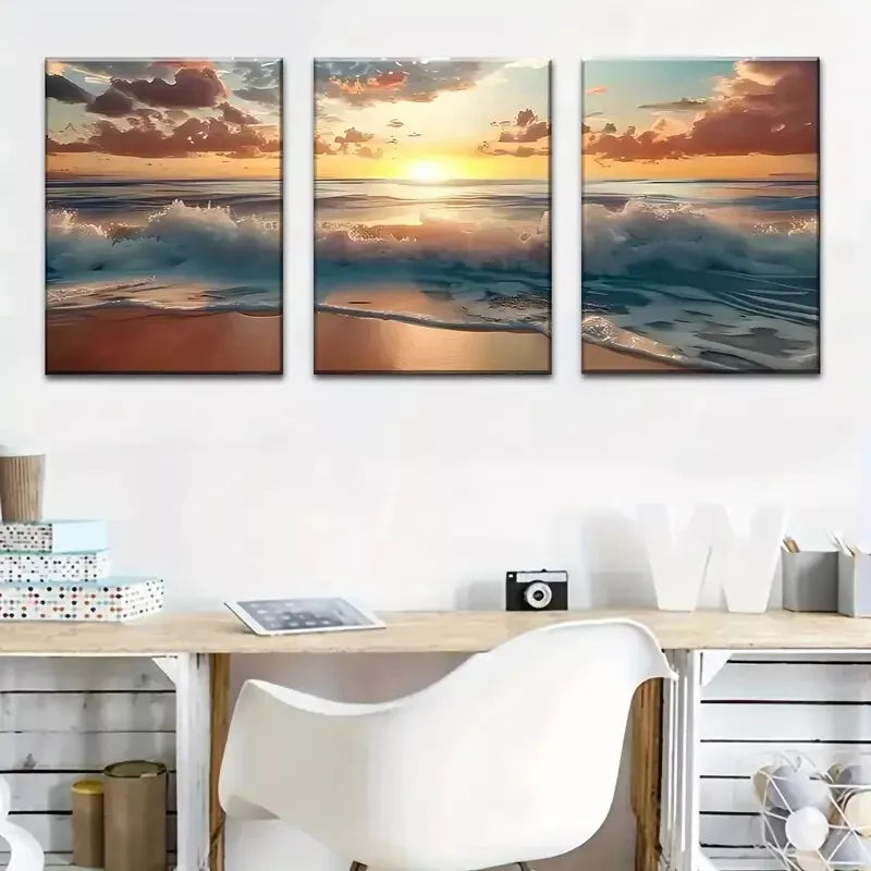 3pcs Beach Sunset Landscape Wall Art Set Canvas Framed 50x70cm - High Quality Print 100% Australian Made Wall Canvas Ready to Hang - Bella Home Decor