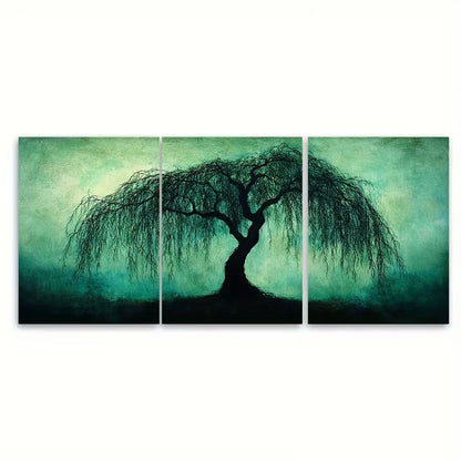 3pcs Weeping Willow Tree Art | Moody Green Metal Print Ready to Hang Art