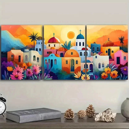 3pcs Greek island style town Wall Art Set Canvas Framed 50x70cm - High Quality Print 100% Australian Made Wall Canvas Ready to Hang