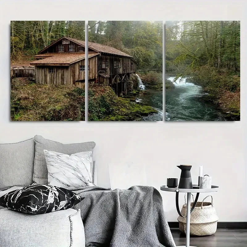 3pcs Rustic Wooden House & Water Stream Metal Print Ready to Hang Art