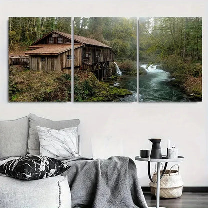 3pcs Rustic Wooden House & Water Stream Metal Print Ready to Hang Art