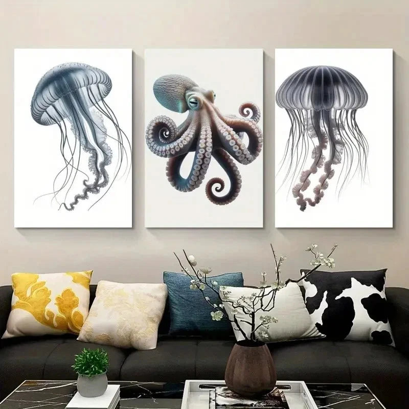 3pcs Octopus Jellyfish Decorations Painting Metal Print Ready to Hang Art