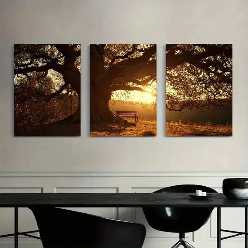 3pcs Tree with an Old Wooden Bench Metal Print Ready to Hang Art
