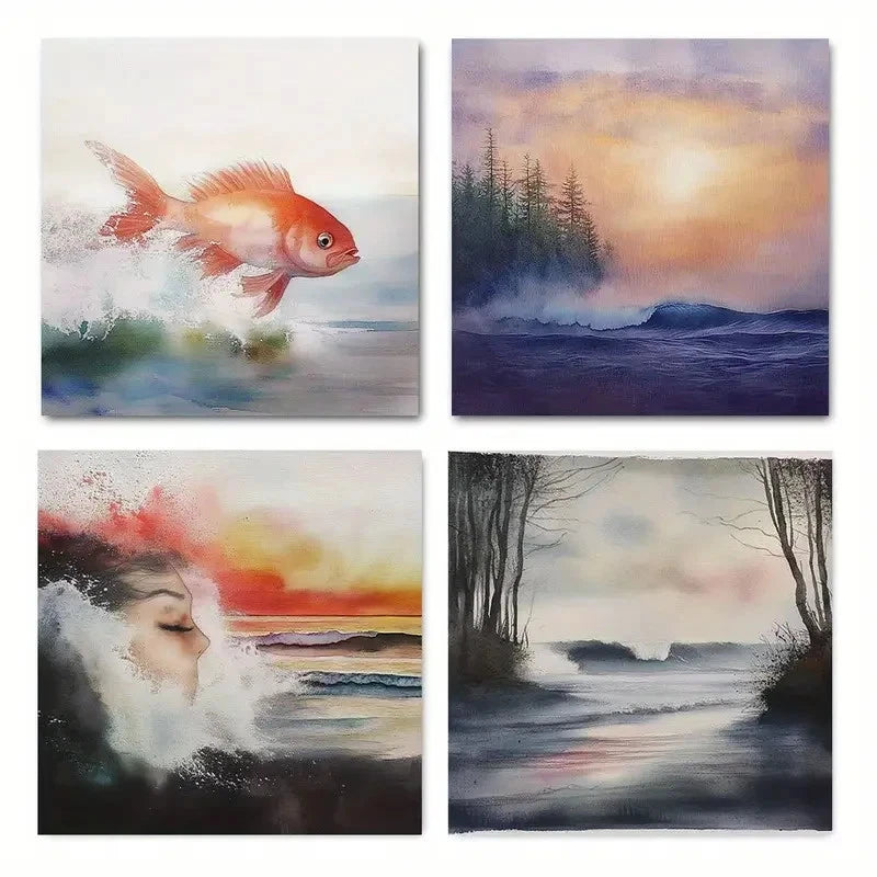4pcs Ocean Waves Suitable Wall Art Canvas Framed