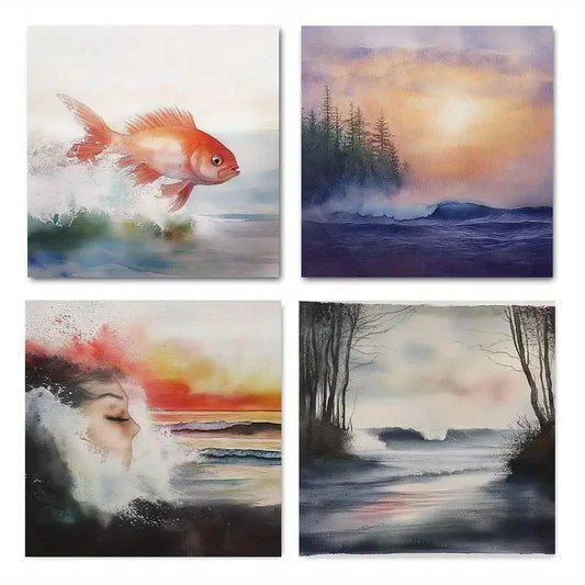4pcs Ocean Waves Suitable Wall Art Canvas Framed