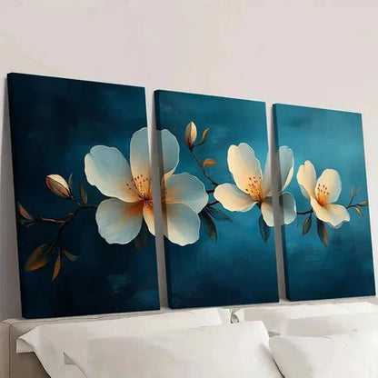 3pcs Blue Background with White Flowers Wall Art Canvas Unframed - High Quality Print 100% Australian Made Wall Canvas