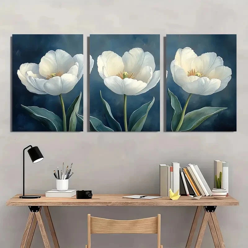 3pcs Elegant White Tulips Floral Watercolor Metal Print Ready to Hang Art
