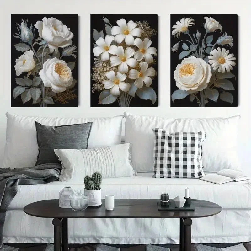 3pcs White Flowers Golden Leaves Painting Metal Print Ready to Hang Art