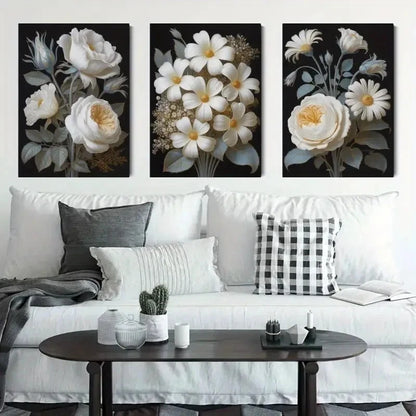 3pcs White Flowers Golden Leaves Painting Metal Print Ready to Hang Art