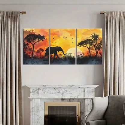 3pcs African Sunset Silhouette Elephant Landscape Metal Print Ready to Hang Art