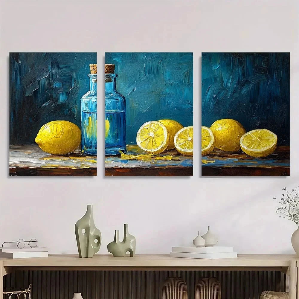 3pcs Blue and White Bottle with Lemons Metal Print Ready to Hang Art