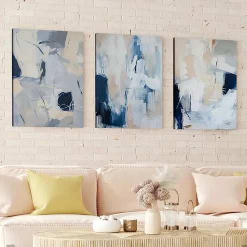 3pcs Abstract Brush Stroke Geometric Modern Blue Wall Art Canvas Unframed - High Quality Print 100% Australian Made Wall Canvas