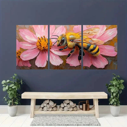 3pcs Vibrant Honeybee and Pink Flower Impasto Metal Print Ready to Hang Art