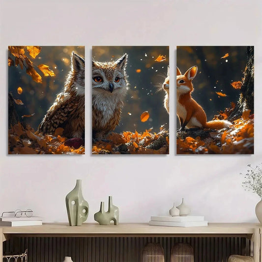 3pcs Enchanted Forest Animals Owl Fox Autumn Scene Metal Print Ready to Hang Art