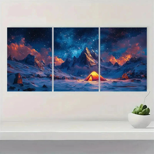3pcs Snow Mountain and Pink Tent Design Metal Print Ready to Hang Art