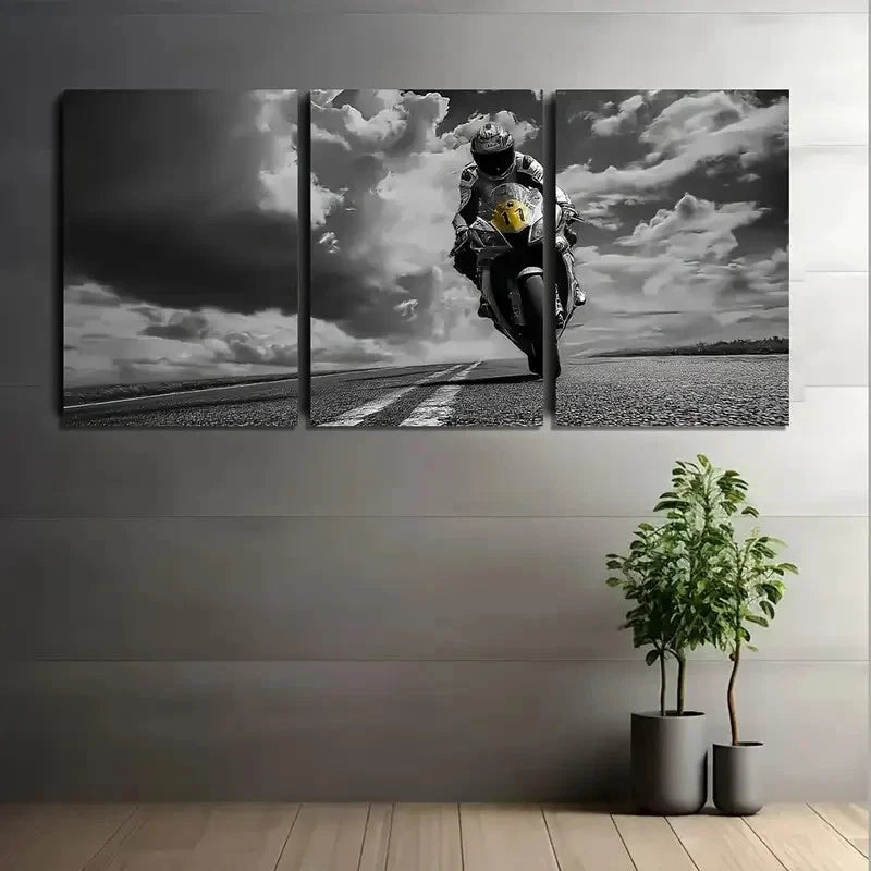 3pcs Black & White Motor Cyclist Art Painting Metal Print Ready to Hang Art